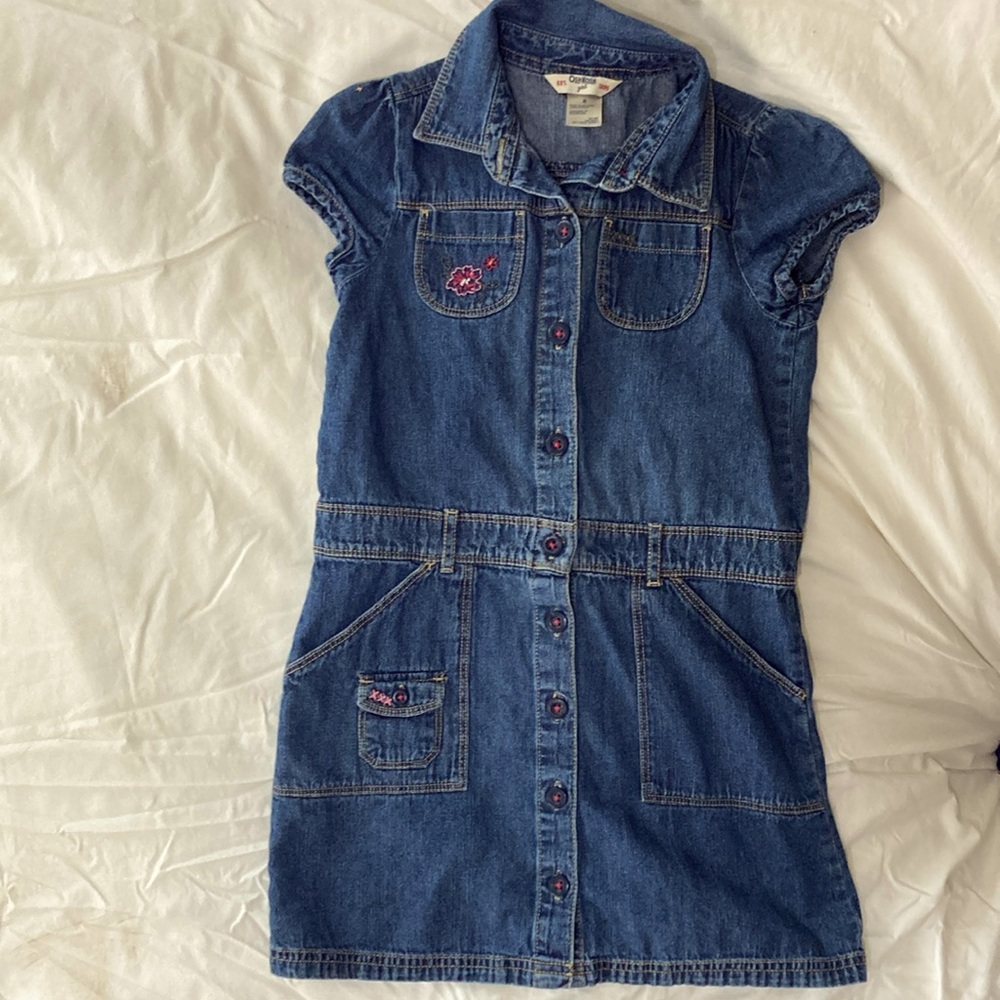 Osh Kosh Girls Blue & Pink Floral Embroidered Denim Romper Dress Size 8